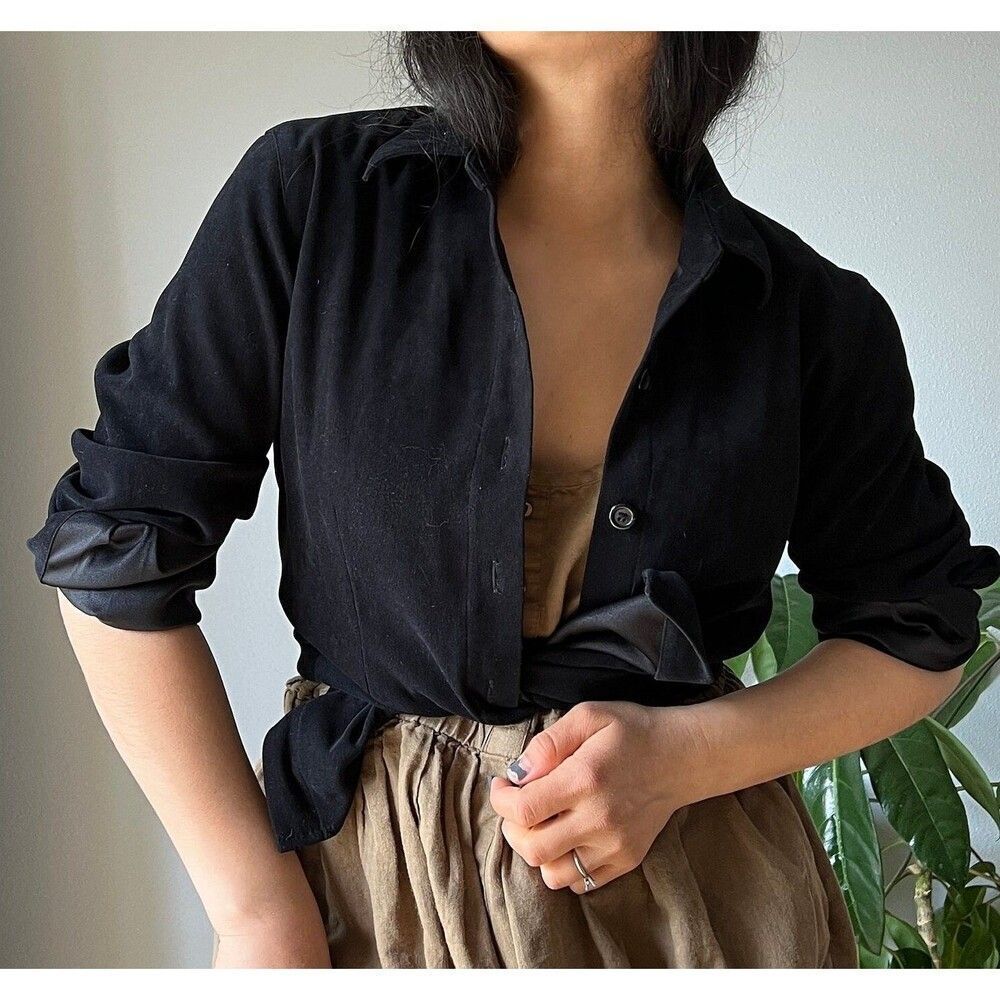 vtg 90s y2k suedelike black button down shirt classic tailored boho blouse small